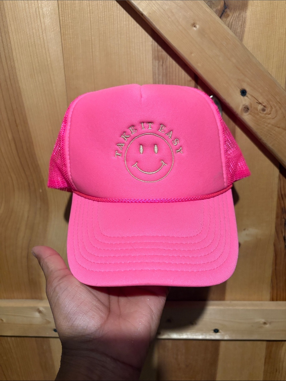 OTTO Neon Pink Trucker Hat with Smiley and "Take It Easy" Embroidery